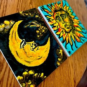 Vintage Inspired Sun/Moon Handcrafted Acrylic 8x10 Wall Canvases/ Artwork